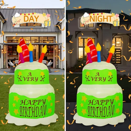 Vista 5 de Decoraciones inflables de pastel de cumpleaños de 4 pies, con velas, luces LED integradas, pastel de cumpleaños, decoración de patio al aire libre