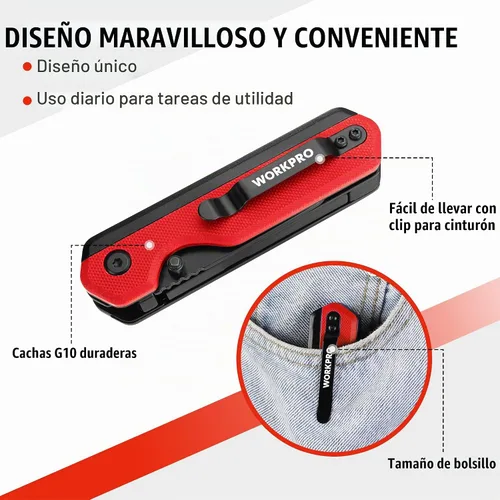Vista 4 de WORKPRO Cuchillo plegable 2 en 1, cortador de caja de cambio rápido con clip para cinturón, bloqueo de revestimiento y mango G10, 10 cuchillas SK5