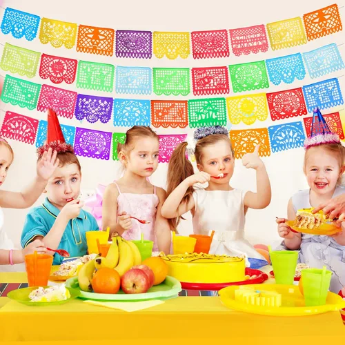 Vista 6 de Preboun Mantel de plástico mexicano y pancarta de papel picado mexicano, suministros de decoración de fiesta para mesas rectangulares, carnaval