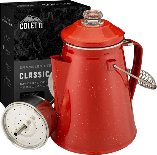 Vista 11 de COLETTI Cafetera Percolator clásica: la cafetera de camping más nostálgica, ahora modernizada [esmalte negro, 12 tazas]