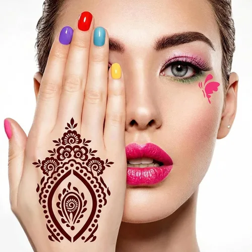 Vista 10 de Kotbs 32 hojas de plantillas de tatuaje de henna para manos, antebrazo, pintura facial, arte corporal, plantillas de tatuaje de flores con purpurina