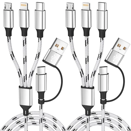 Vista 21 de Cable de carga múltiple, (paquete de 2 cables de 4 pies), cable de carga 3 en 1 para múltiples dispositivos, cable de carga universal de nailon Rosa