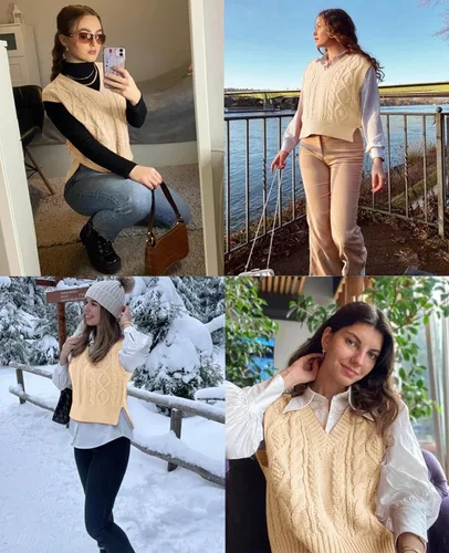 Vista 2 de Chaleco de suéter para mujer Lueluye V cuello sin mangas de punto sólido casual acanalado estilo preppy Beige