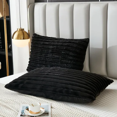 Vista 21 de Juego de 2 fundas de almohada para cama tamaño king, fundas de cojín rectangulares lumbares con diseño de rayas, forro de piel de conejo sintética