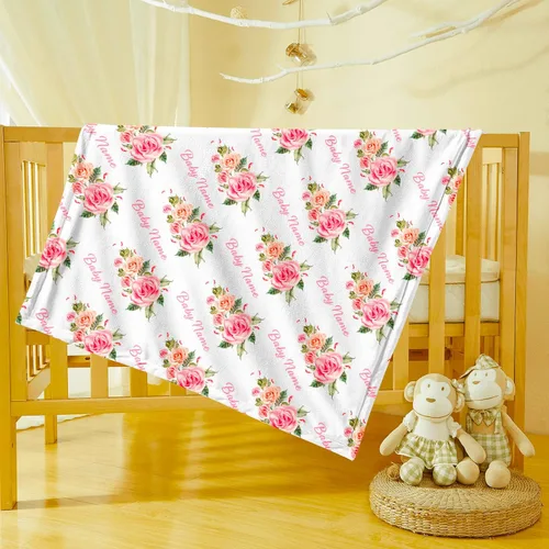 Vista 3 de Mantas de bebé personalizadas para niñas con nombre, manta de rosa rosa para bebé, niña, recién nacida, artículos esenciales imprescindibles