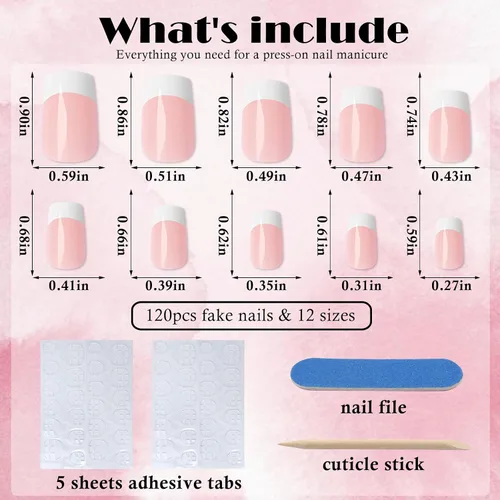 Vista 3 de AddFavor Uñas Postizas de Punta Francesa Cortas, 120 piezas Uñas Postizas Blancas con Punta Francesa Uñas Postizas Cuadradas Nude Uñas Acrílicas