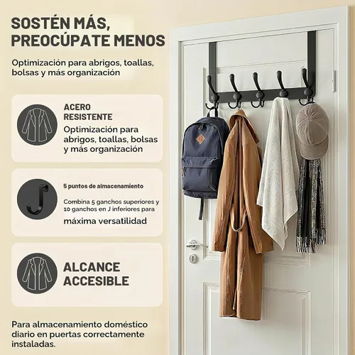 Vista 3 de Ganchos para colgar sobre la puerta, perchero para colgar ropa, sombrero, toalla (resistente negro, 1 unidad)