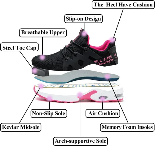 Vista 5 de LANSNBO Zapatos de punta de acero para mujer, zapatos de trabajo de seguridad indestructibles, con amortiguación de aire, ligeros, transpirables