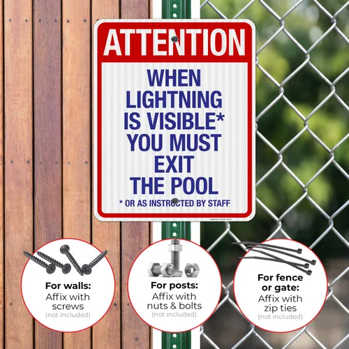 Vista 30 de Letrero con texto en inglés "Attention When Lightning is Visible You Must Exit The Pool - Letrero de piscina, 10 x 14 pulgadas, libre de óxido