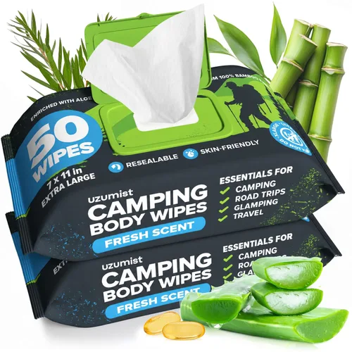 Vista 13 de Esenciales para Acampar - Toallitas Corporales para Baño de Adultos en Campamento Sin Enjuague - 50 Toallitas XL Desodorantes para Ducha y Baño