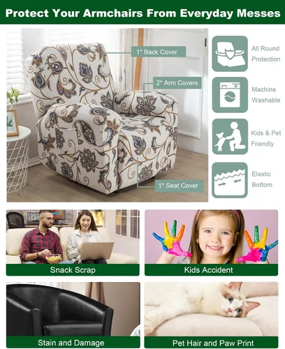 Vista 6 de CRFATOP Funda elástica para sillón reclinable, 4 piezas, fundas impresas para silla reclinable de 1 asiento, colección Fallon, protector de muebles