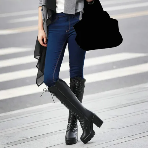 Vista 5 de Parisuit - Botas góticas de tacón alto con cordones para mujer, botas de combate con cremallera lateral