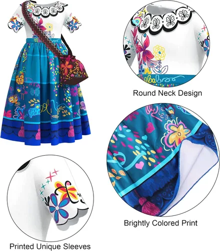 Vista 6 de Mirabel - Vestido de disfraz para niñas disfraz mágico de Halloween disfraz de cosplay para niñas vestido de fiesta con monedero lentes y aretes