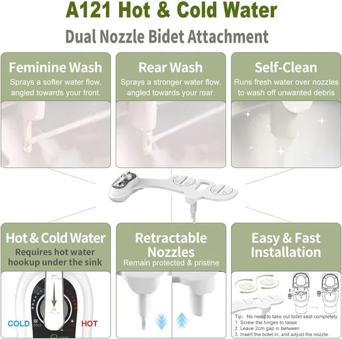 Vista 3 de APURE BIDET A121 - Accesorio de bidé de agua caliente y fría para asiento de inodoro - Doble boquilla - Lavado trasero y femenino - Autolimpieza