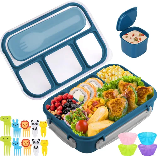 Vista 11 de Yumuk Caja Bento para Adultos, Contenedores de Almuerzo para Adultos Hombres Mujeres, 5 Tazas Bento con 4 Compartimentos y Spork y Caja de Salsa, A
