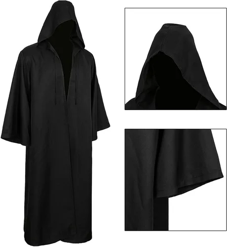 Vista 5 de GOLDSTITCH - Disfraz de caballero con capucha para hombre, disfraz tipo túnica Negro (capa)