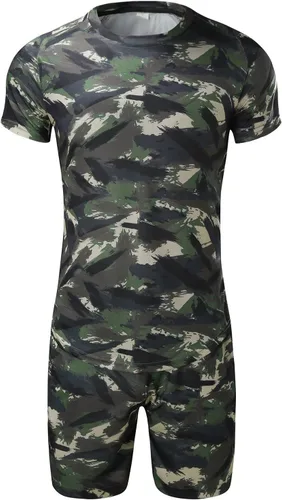 Vista 5 de Conjunto deportivo para hombre, conjunto de verano para hombre, manga deportiva, pantalones cortos ajustados de secado rápido, camuflaje para hombre