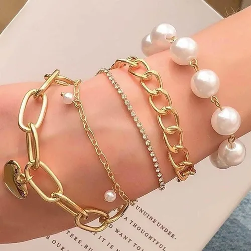 Vista 4 de Zeelina Pulsera de gargantilla de diamantes de imitación con cadena de clip de perlas doradas apilable ajustable conjunto de joyería de moda