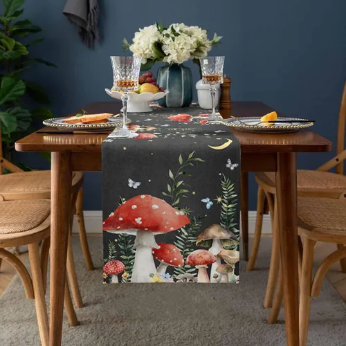 Vista 2 de Camino de mesa de lino y algodón con hongos de granja, luna nocturna y estrellas, bufanda negra de 13 x 60 pulgadas, lavable para cocina, comedor