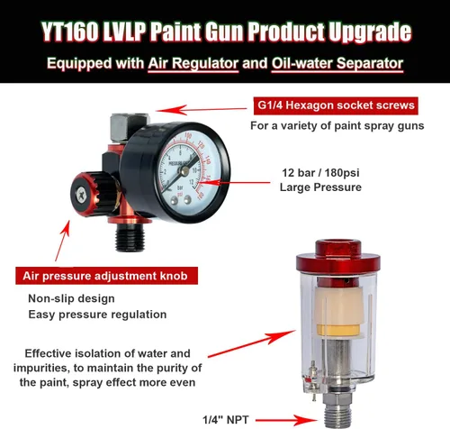 Vista 7 de DAXINYANG YT-160 LVLP Pistolas de pintura automotrices con boquillas de 1.3/1.5/1.7/2.0mm y regulador de aire y separador de agua y aceite, pistola