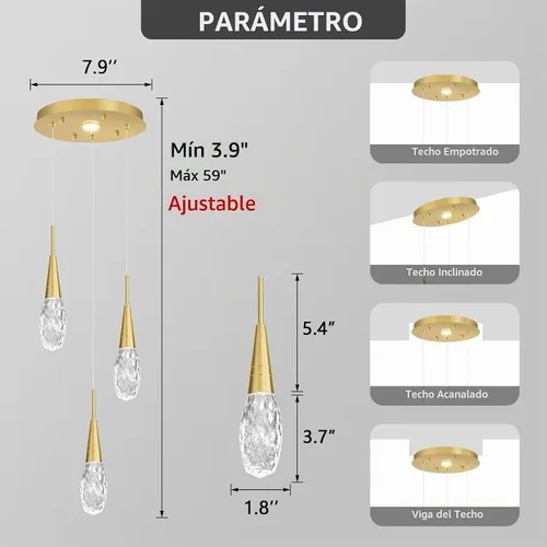 Vista 2 de 3 luces LED colgantes para isla de cocina, lámpara regulable dorada, moderna iluminación colgante de cristal para comedor, dormitorio, sala
