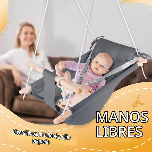 Vista 5 de Columpio para bebé interior y exterior, hamaca de lona para bebé a niño pequeño con asiento cómodo, juguete de madera Macaroon, arnés ajustable de 5