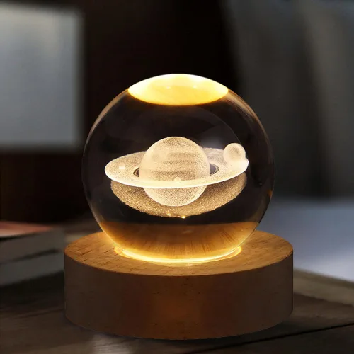 Vista 4 de Luz nocturna LED de bola de cristal, sistema de la Vía Láctea, lámpara de noche de cristal grabada en 3D con base de madera, carga USB