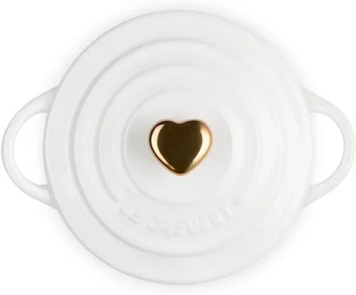Vista 2 de Le Creuset Gres Mini Cocotte Redondo, 8 onzas., Blanco con Perilla de Corazón Oro