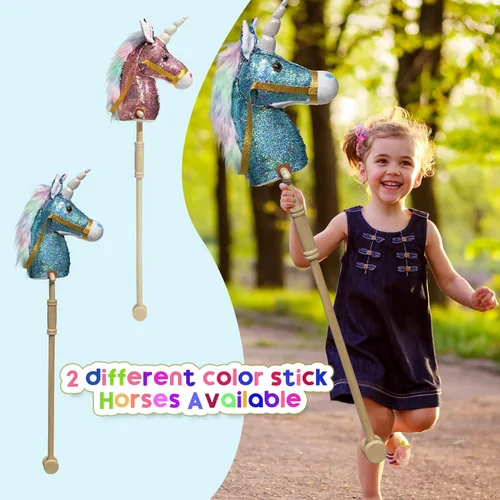 Vista 6 de HollyHOME Caballo de unicornio con lentejuelas, caballo de juguete artesanal con palo y ruedas de madera, sonidos reales de relincho y galope de Azul
