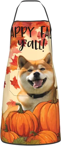 Vista 2 de nopicsn Happy Fall Y'all Dog Shiba Apron for cooking with Pockets Women Men Kitchen Chef Funny Aprons