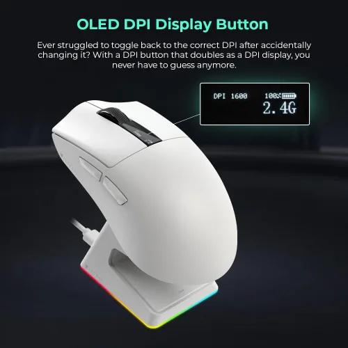 Vista 5 de TECWARE EX1 - Mouse ligero para juegos Mouse inalámbrico de 26 K DPI con pantalla OLED Diseño ultraligero de 2.08 oz Base de carga RGB Blanco