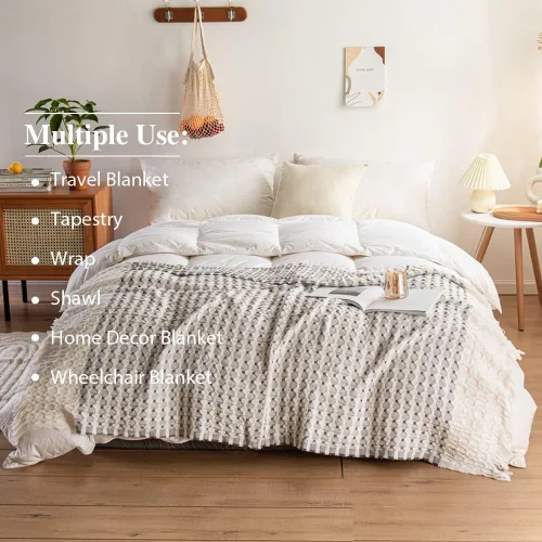 Vista 6 de Simple&Opulence Manta de 100 % algodón para cama, sofá, tejido jacquard de hilo teñido con borlas, suave, ligera, acogedora, transpirable, Gris