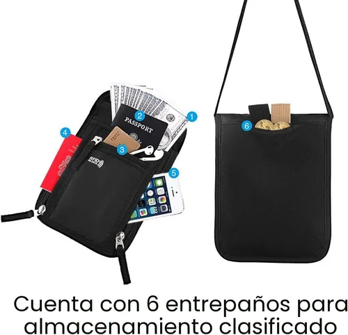 Vista 3 de Bolsa de viaje para el cuello, cartera para pasaporte familiar, funda organizadora con bloqueo RFID Negro