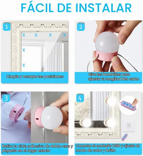 Vista 7 de Luces LED para Espejo de Tocador, Luces de Tocador para Iluminación de Espejo de Maquillaje, 10 Bombillas Regulables, Color de Luz y Brillo