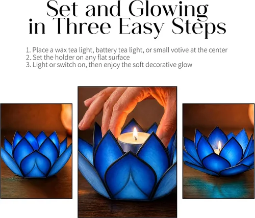 Vista 4 de Om Gallery Portavelas Lotus Tea Light - Capiz Shell, Blue Lagoon