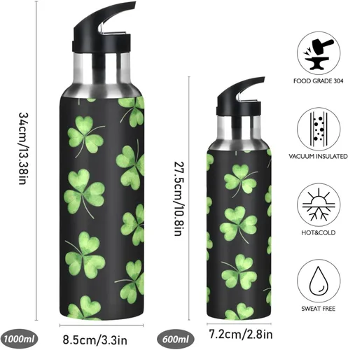 Vista 2 de Green Shamrocks Clovers - Botella de agua de acero inoxidable aislada con popote, 32 onzas, sin BPA, botella de agua deportiva a prueba de fugas