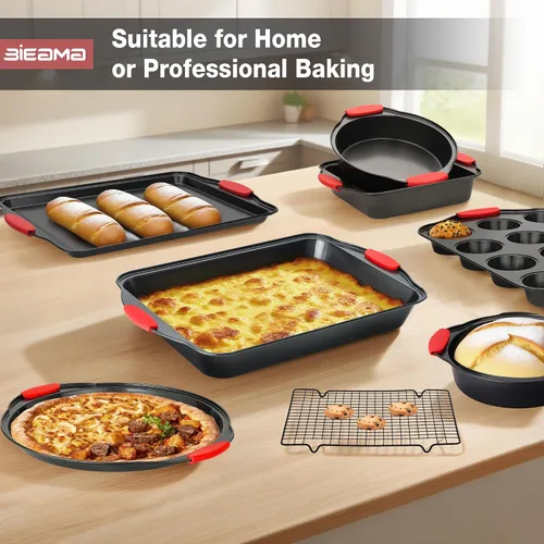 Vista 7 de BIEAMA - Juego de sartenes antiadherentes para hornear de 13 piezas Bandeja apilable de acero al carbono sin BPA, bandeja para galletas, pasteles