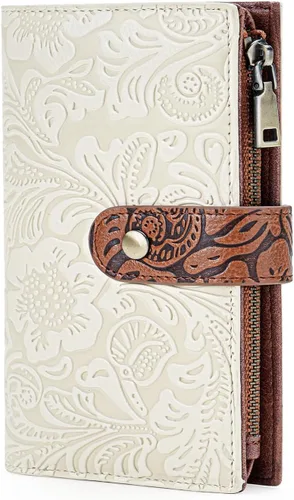 Vista 10 de GOIACII Cartera de viaje para mujer, con bloqueo RFID, triple pliegue, con bolsillo con cremallera para monedas, A01 café, Classic