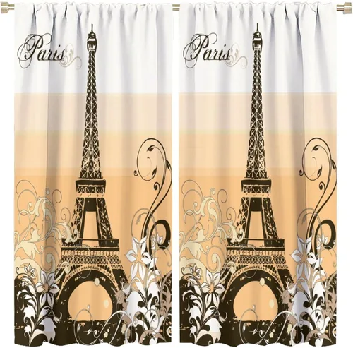 Vista 24 de Cortinas de la Torre Eiffel de París, pintura al óleo, flores moradas, torres de ciudad, con bolsillo para barra, cortinas de ventana