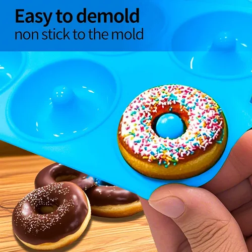 Vista 4 de Moldes de silicona para donas, mini moldes de silicona para hornear sabrosas rosquillas, bagels, cakecups y más (2 azul)