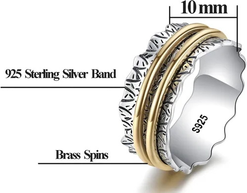Vista 6 de Anillo giratorio de plata de ley 925, banda para la ansiedad, alivio de la presión, oxidación, joyería casual, regalos para mujeres, niñas, hombres