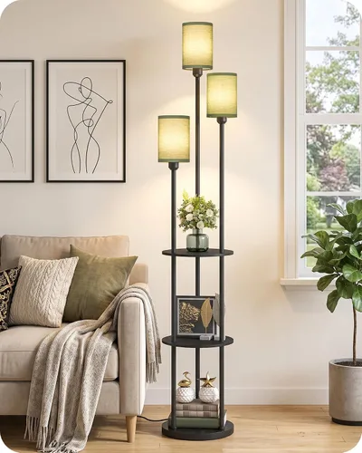Vista 9 de Lámpara de pie con estantes, moderna lámpara de pie con 3 pantallas de lino e interruptor de pie, lámpara de pie de 3 luces, para sala de estar