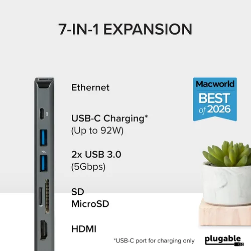 Vista 2 de Plugable Adaptador multipuerto USB C 7 en 1 sin controlador con Ethernet, HDMI 4K60Hz, carga de paso de 100 W, 2 USB 3.0, SD/microSD, para USB-C