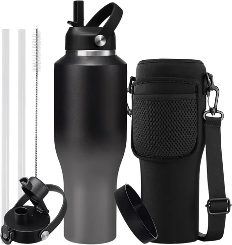 Vista 10 de Botella de agua de acero inoxidable de 32 onzas, frío-48 horas y caliente-24 horas, termo con popote y tapas de boquilla, bolsa, botella aislada al