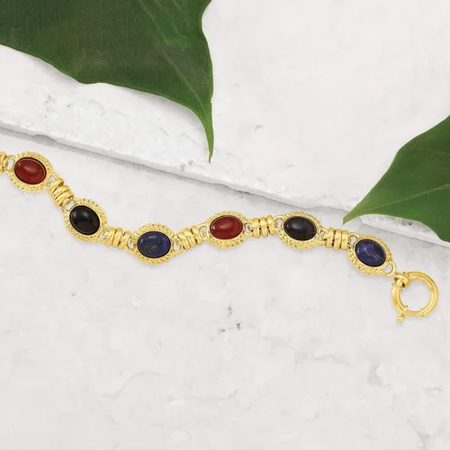 Vista 3 de Ross-Simons Black Onyx, Lapis and Orange Agate Station Bracelet in 18kt Gold Over Sterling