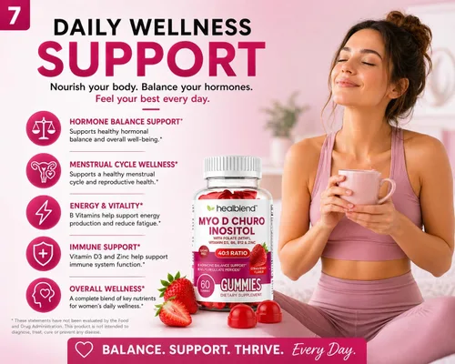 Vista 8 de healblend Myo & D-Chiro - Gomitas de inositol – Apoyo de SOP para mujeres, equilibrio hormonal, fertilidad y ovulación – con metilfolato, vitamina
