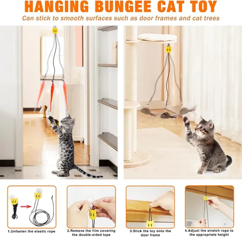 Vista 6 de JXFUKAL Juguete interactivo para gato, varita de gato automática con base de madera estable, 2 piezas de teaser para gato desmontable, 5 piezas