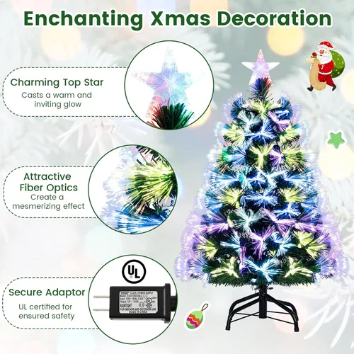 Vista 6 de BECOMFORT Árbol de Navidad de fibra óptica preiluminado de 3 pies, árbol de Navidad artificial con luces multicolor de brillo lento, estrella