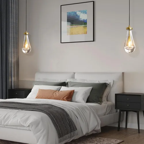 Vista 4 de Juego de 2 luces colgantes de gota de lluvia, lámparas colgantes para isla de cocina, lámpara de cristal sólido transparente con forma de gota