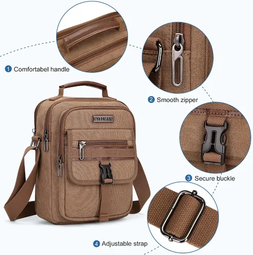 Vista 6 de WITZMAN Bolso cruzado para hombre, bolso de mensajero de lona, bolso vintage para hombre, bolso pequeño casual para el trabajo y viajes, Marrón